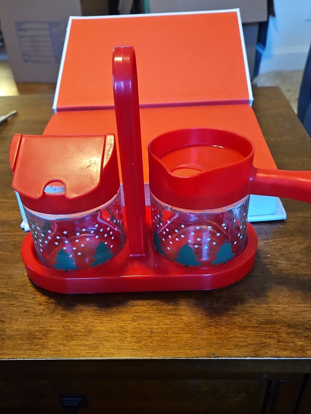 Red Holiday Sugar And Creamer Set with Carry Caddy